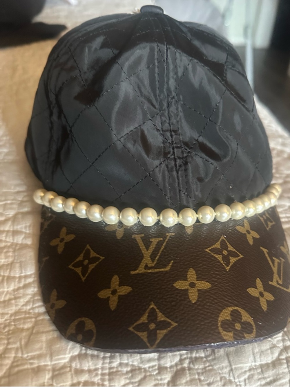 Black custom made Quilted Cap with Pearl Trim